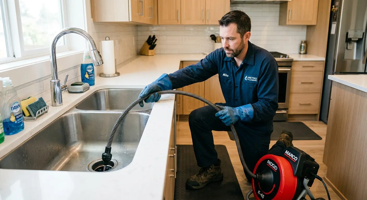 Drain cleaning technician using a motorized snake on a kitchen sink in Garfield Heights