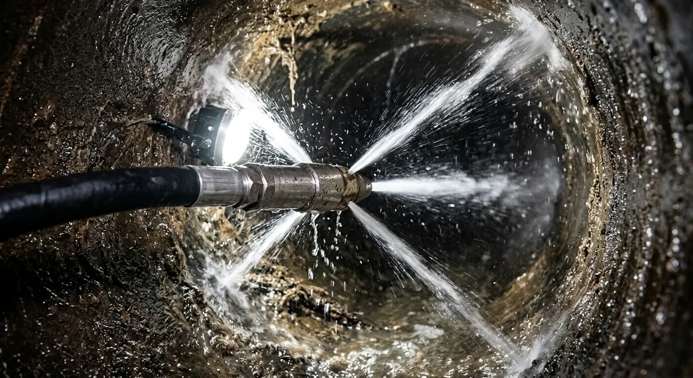 High-pressure hydro jetting nozzle cleaning sewer pipe for Emergency Drain Service in Garfield Heights