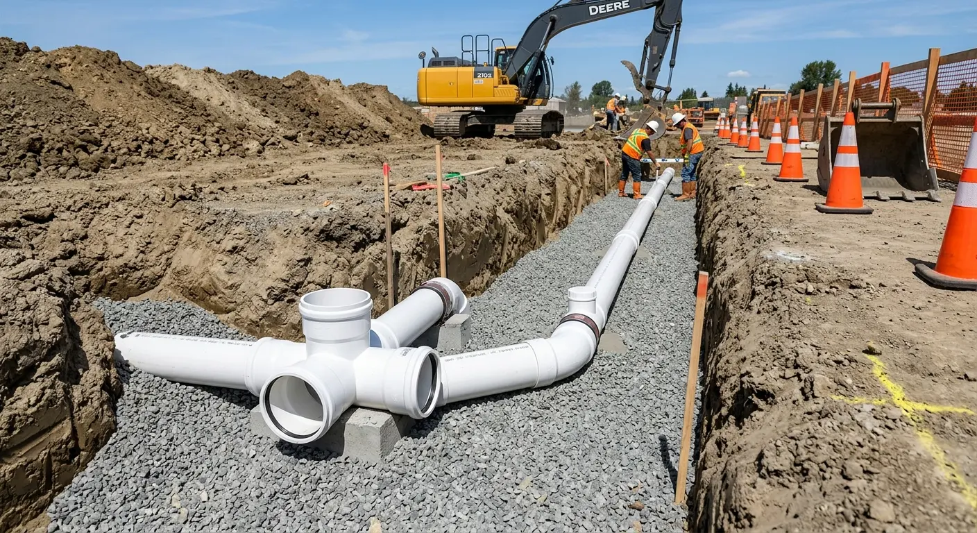 New PVC sewer pipe installation in open trench for Grease Trap Cleaning in Garfield Heights