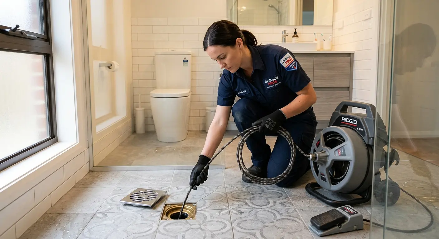 Technician clearing a bathroom floor drain for Drain Repair in Garfield Heights